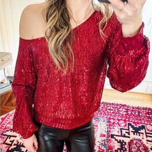 NWOT Red Sequin Off-Shoulder Sweater Sz small